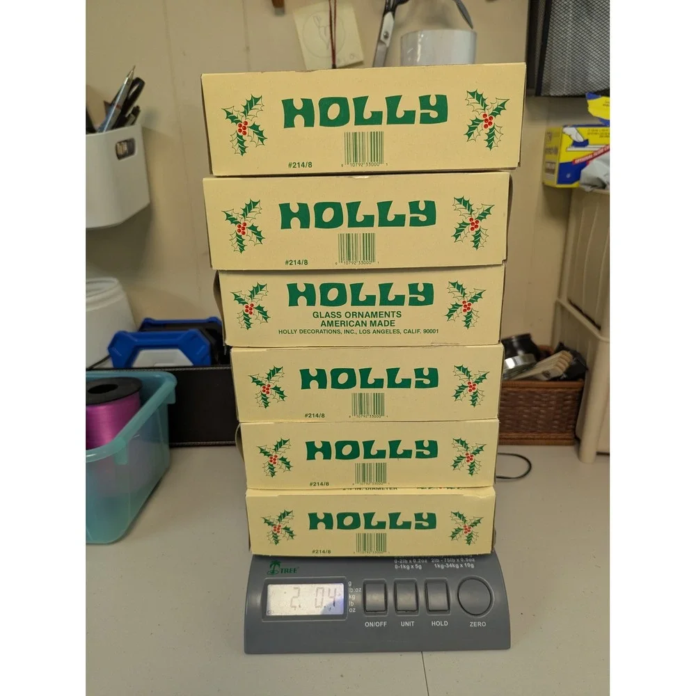 Holly Glass Christmas Ornaments Gold Round Ball 2.25in Set of 6 Boxes 48 Total